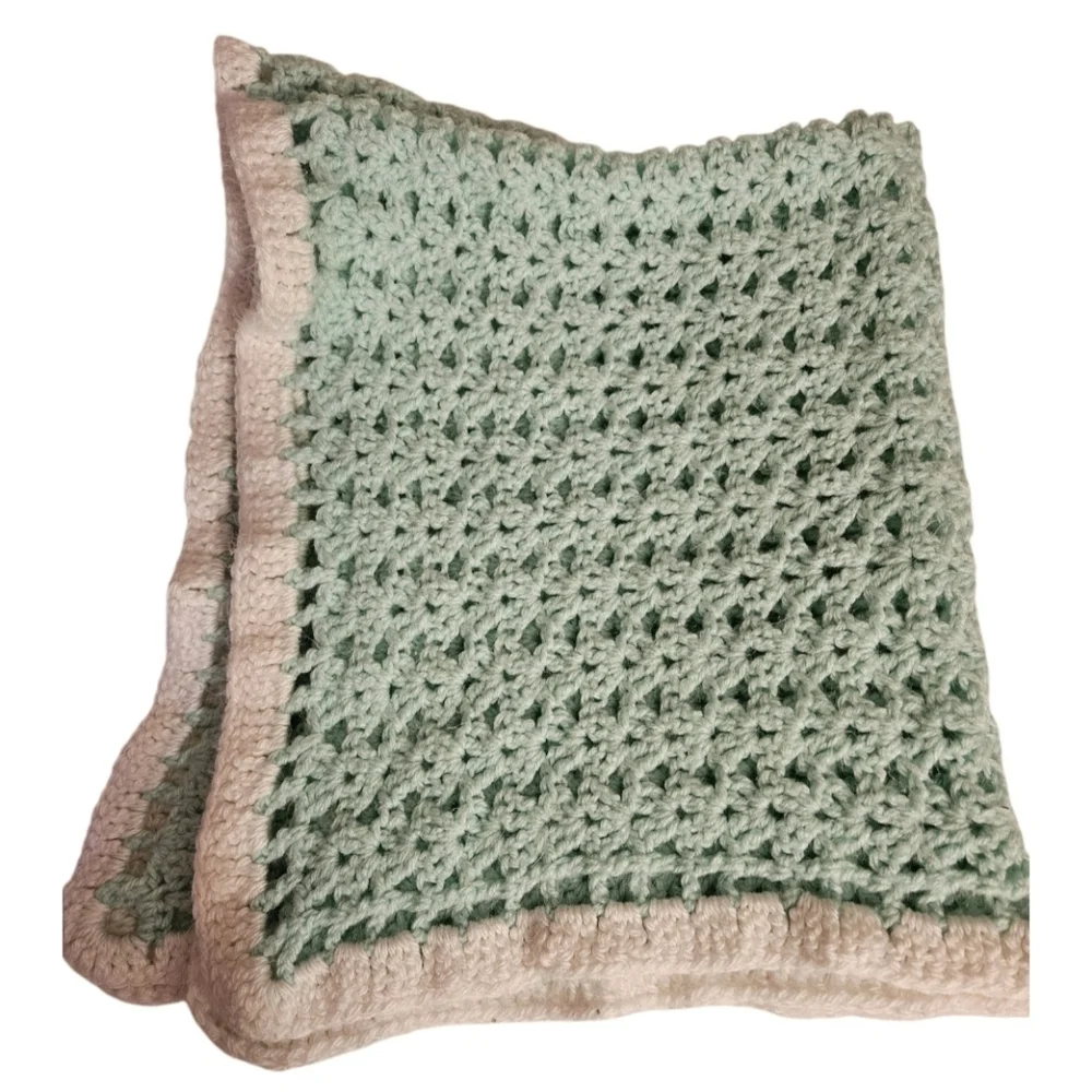 Handmade Mint White Crochet Baby Blanket Booties Set knit Tunisian Vintage Gift